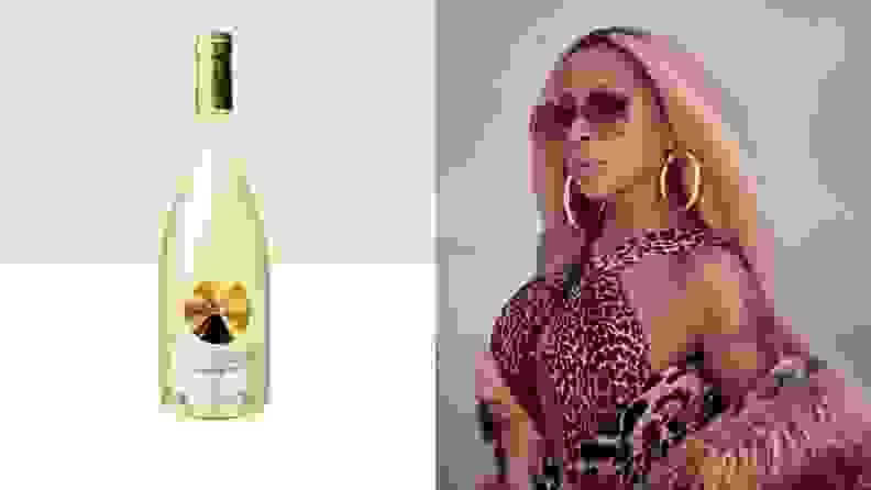 On the left is a bottle of Sun Goddess Sauvignon Blanc. To the right: a photograph of singer-songwriter Mary J. Blige.