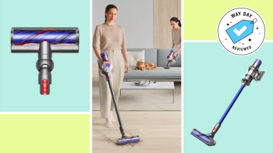 Collage of three Dyson vacuums on a colorful background.