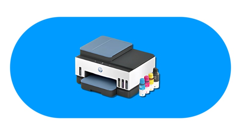 HP Smart Tank printer with refillable ink bottles in multiple colors on a blue background.