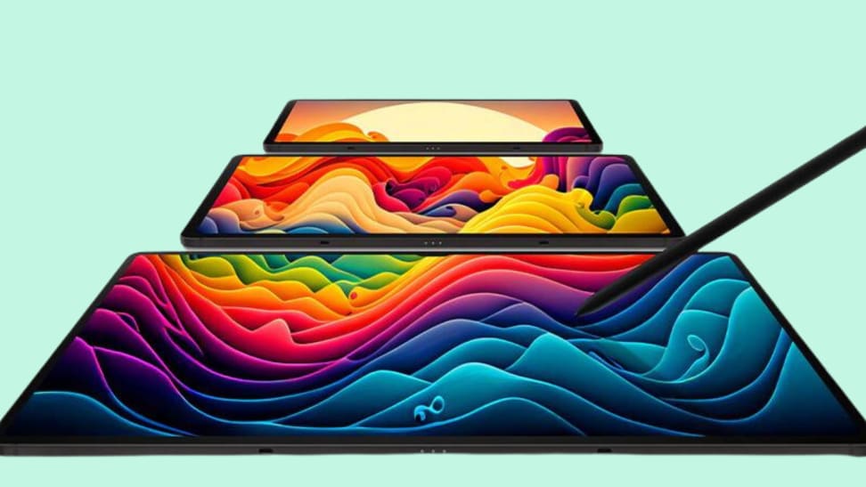 Three models of the Samsung Galaxy Tab S9 in front of a colored background.