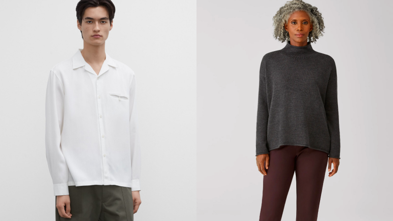 Man wearing Club Monaco Tencel shirt, woman wearing Tencel pants by Eillen Fisher