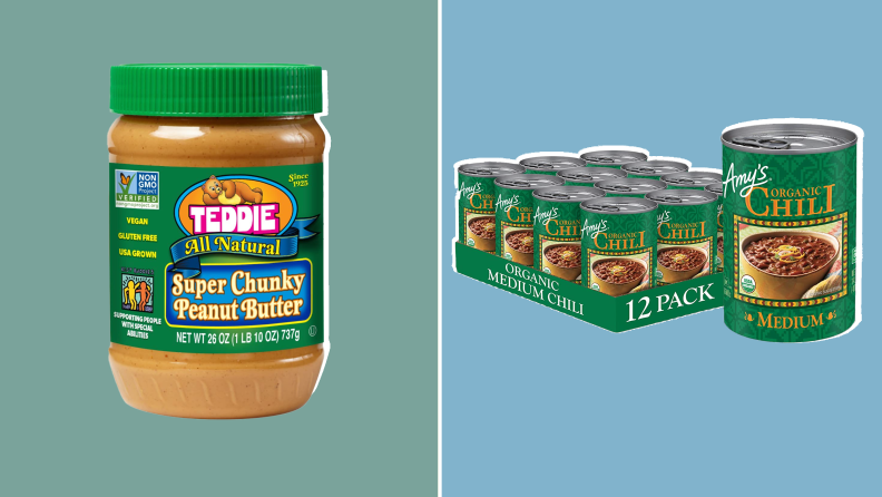 On left, product shot of the Teddie All Natural Peanut Butter. On right, cans of Amy's Organic Chili.