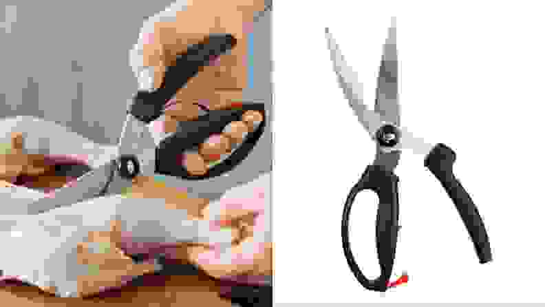 On left, shears cutting a raw chicken. On right, shears open on a white background