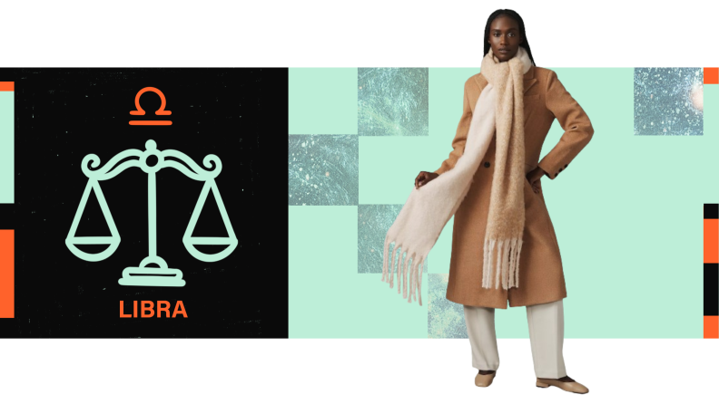 On the left is the symbol for Libra, and on the right is a model wearing an oversized scarf.