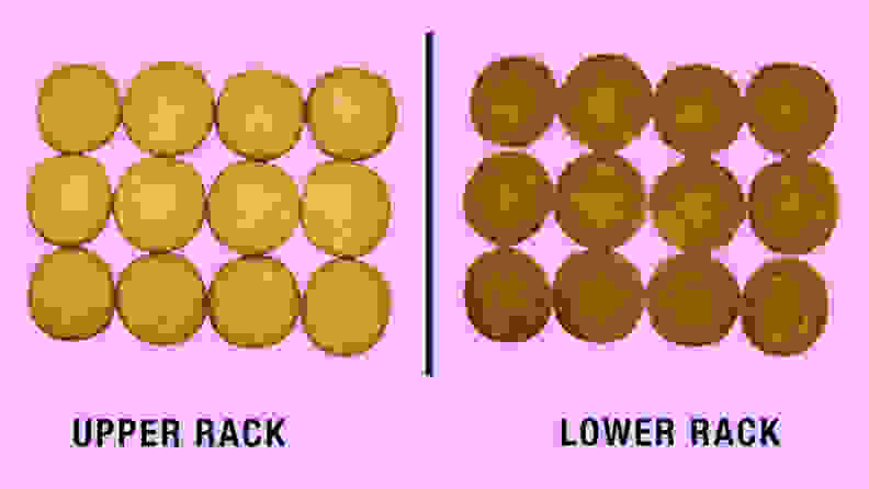 A tray of cookies showing the top and bottom after being baked. The top side looks golden while the bottom side looks more brown.
