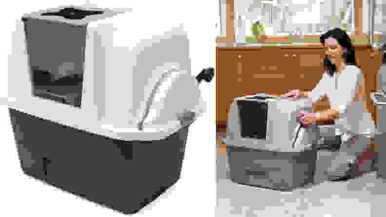 Left: A green litter box includes a rectangular base and a hood with an entrance; Right: A pet owner pulls a level of the Catit litter box that sits in a kitchen