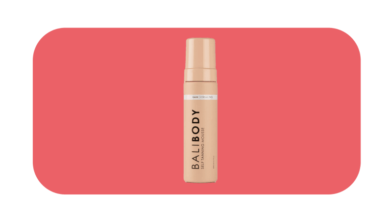 Bali Body Tanning Mousse against a red background.