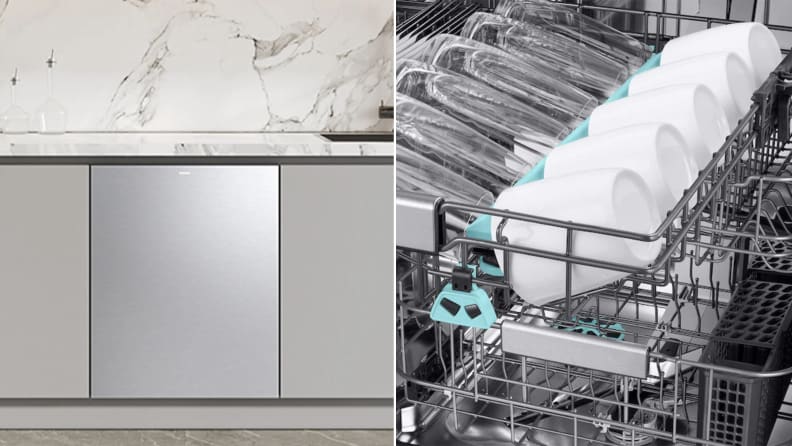 The Samsung DW90F89P0USR closed and open showing its top rack jets.