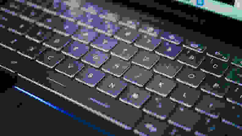 A close-up of the MSI Prestige Evo 14's backlit keyboard.