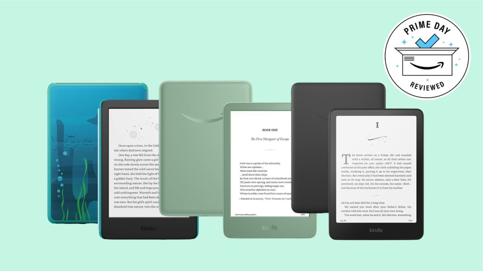 Amazon Kindles in front of a light green background