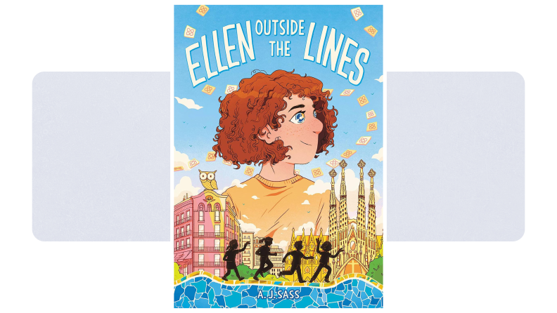 Ellen: Outside the Lines cover: Illustrated girl with short brown hair. Below, shapes of friends walk past European buildings