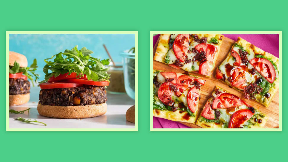 Open-faced veggie burger with lettuce and tomatoes and flatbread pizza with pesto and tomatoes