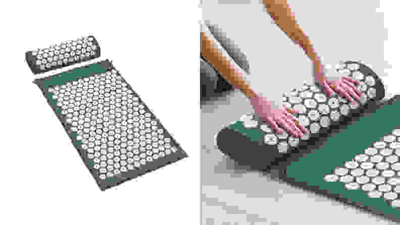 A split image of an acupressure mat,  including one against a white background and another in use, unrolled by a human's hands.