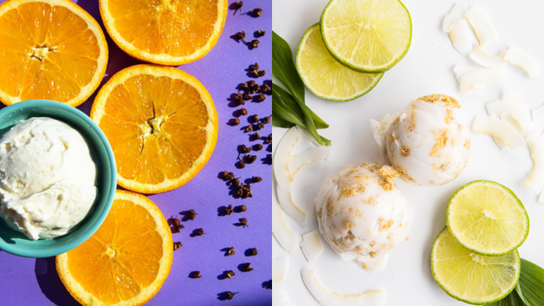 On the left, there's a scoop of citrus and Sichuan peppercorn ice cream. On the right, there are two scoops of keylime pandan pie ice cream.