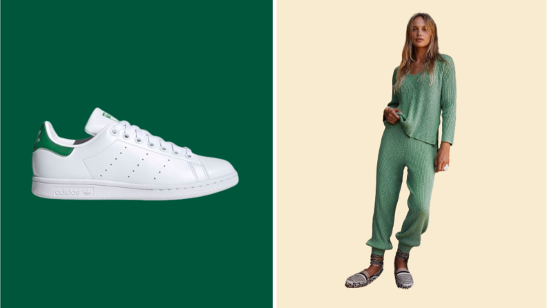 A white sneaker and a green sweatsuit.