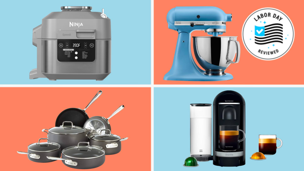 Ninja Speedi, KitchenAid stand mixer, All-Clad cookware set, and Nespresso machine on a colorful background