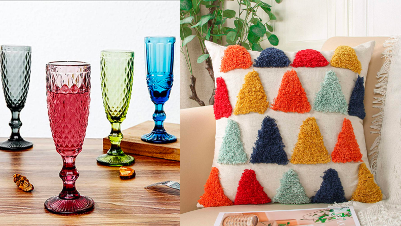 1) Close up of four colorful stemmed glasses. 2) A colorful patched pillow.