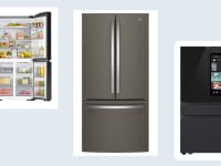 A 4-door fridge with all doors open, a French-door fridge with all doors closed, and a black fridge with a touchscreen.