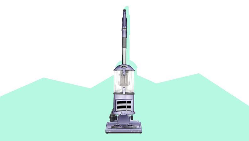 The Shark Navigator vacuum on a white and teal background.