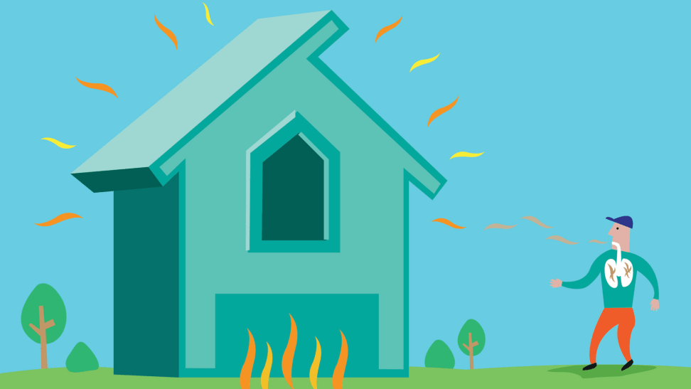 Illustration of person standing outside of a home surrounded in flames.