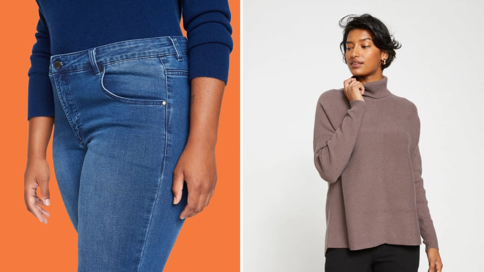 A collage of discounted Universal Standard jeans and sweaters.