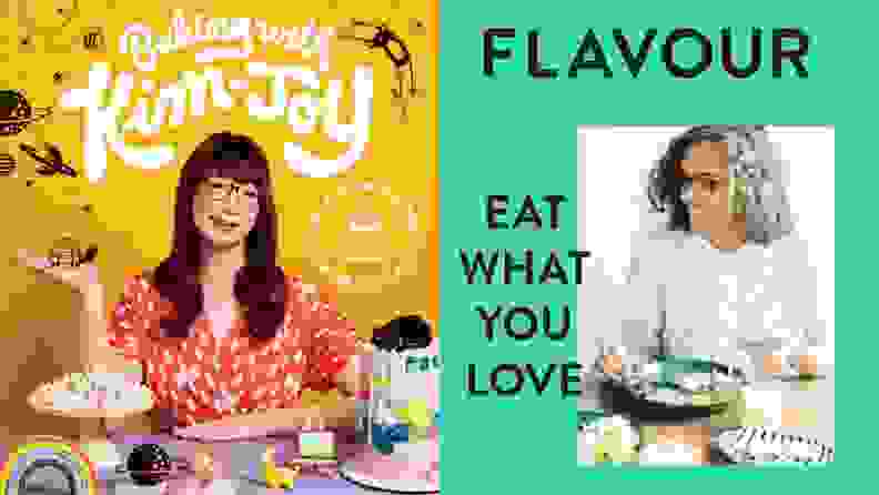 Left: The cover art for Baking with Kim-Joy: Cute and Creative Bakes to Make You Smile. Right: The cover art for Flavour: Eat What You Love, by Ruby Tandoh.