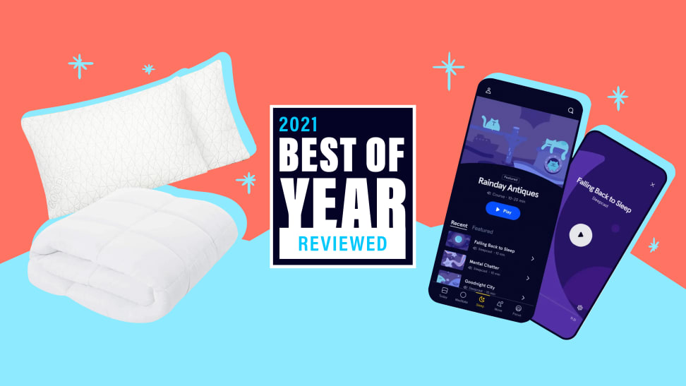 Coop Home Goods pillow, TK , and Headspace app on a graphic background for Reviewed's Best of Year