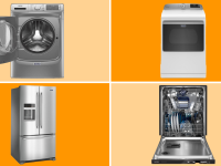 Product shots of the Maytag MHW8630HC washer, MED7230HW top load dryer, MFI2570FEZ French-door fridge and the MDB8959SAS 24-inch stainless-steel dishwasher.
