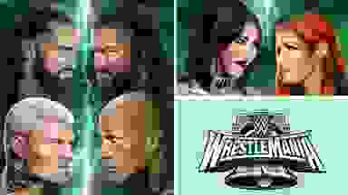 Various WWE superstars near the WrestleMania XL logo in front of a colored background.