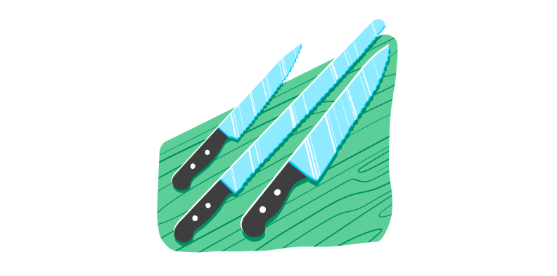 An illustration of three knives arranged on a wood cutting board.