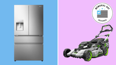 A Hisense French-door refrigerator on a blue background next to an EGO lawn mower on a pink background with a circular badge that says Memorial Day