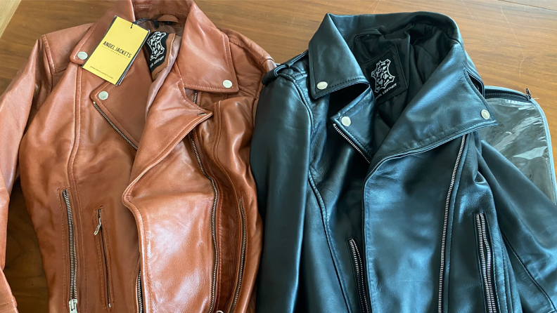 Two Angel Jacket leather jackets. One in brown. One black.