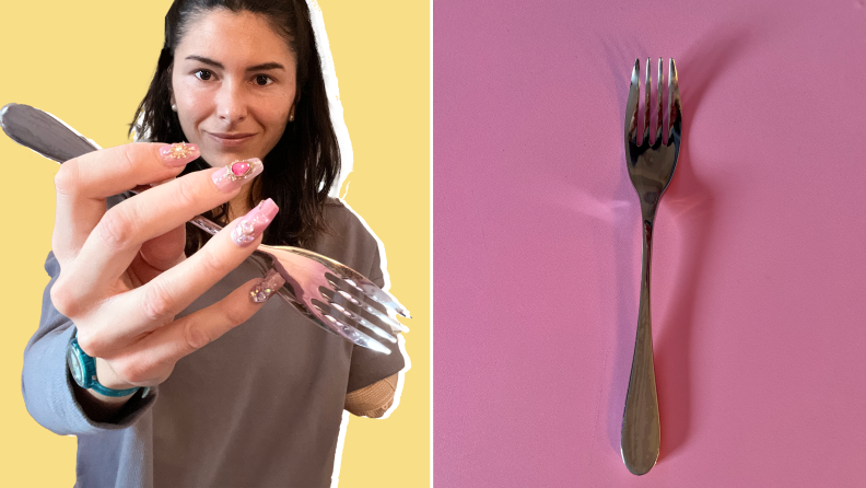 On left, one-armed person smiling while holding Knork eating utensil. On right, Knork eating utensil sitting on top of pink surface.