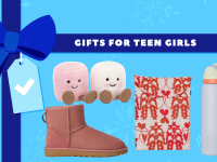 A Jellycat duo, Uggs, Owala water bottle, and Baggu on a blue gift background