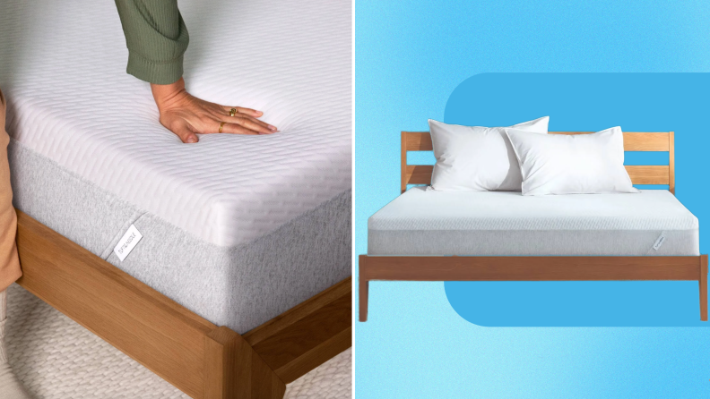 On right, person using hand to test firmness of the Tuft Essential T&N Original Mattress. On right, product shot of the Essential T&N Original Mattress inside of wooden bed frame with two pillows on top.