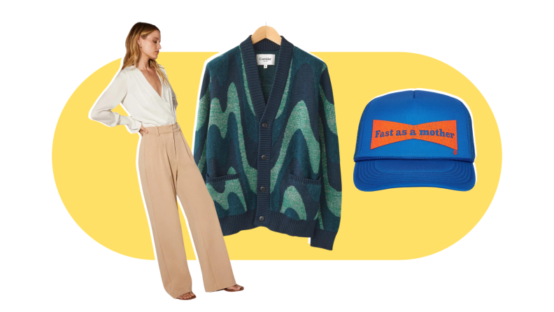 A teal and green cardigan with a wave pattern, a blue trucker hat with orange text that reads “Fast as a mother,” and a pair of high-waisted wide-leg women’s trousers.