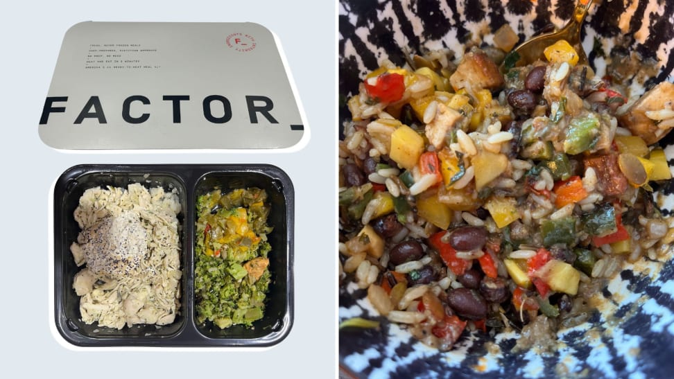 Left: Factor meal packaging on a blue background. Right: Plated factor meal with vegetables and grains