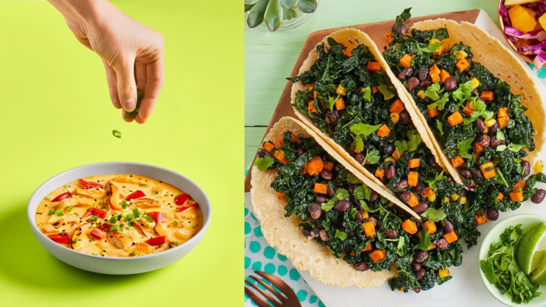 Left: A person sprinkles herbs on a bowl of pasta. Right: Three veggie-filled tacos on a white plate.