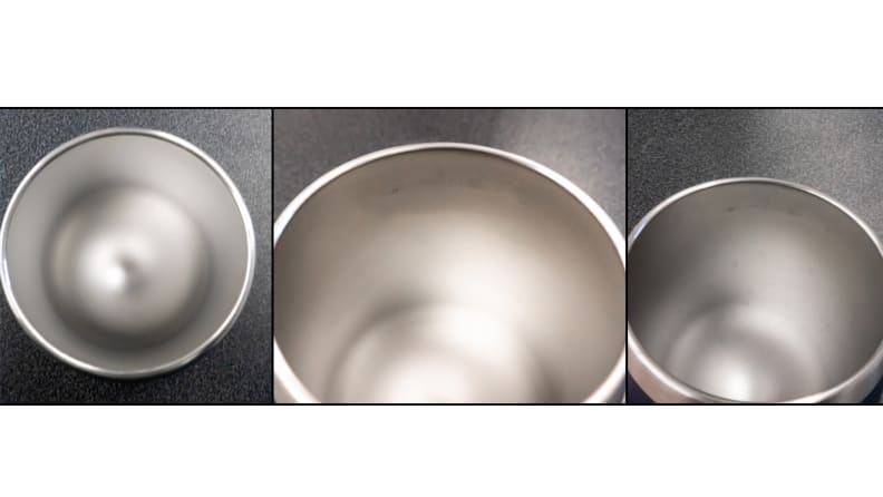 A series of three images against a blue Reviewed checkmark background. The first image shows the interior of the Yeti cup. It's pristine. The second image, after five washes, has some blackened wear towards the lip. The third image shows that blackening is actually forming a bit of a ring around the interior of the cup.
