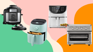 Four air fryers on a multicolored background.