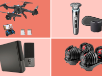 Vantop Snaptrain drone, Philips shaver, Bose speakers, Bowflex dumbbells.