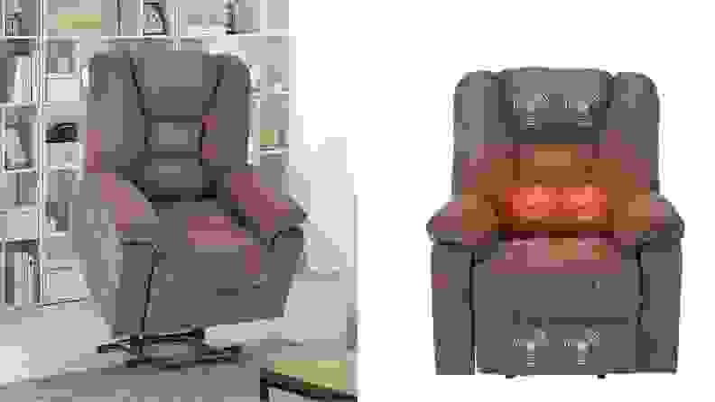 A dark brown Yodolla recliner in the raised and seated positions.