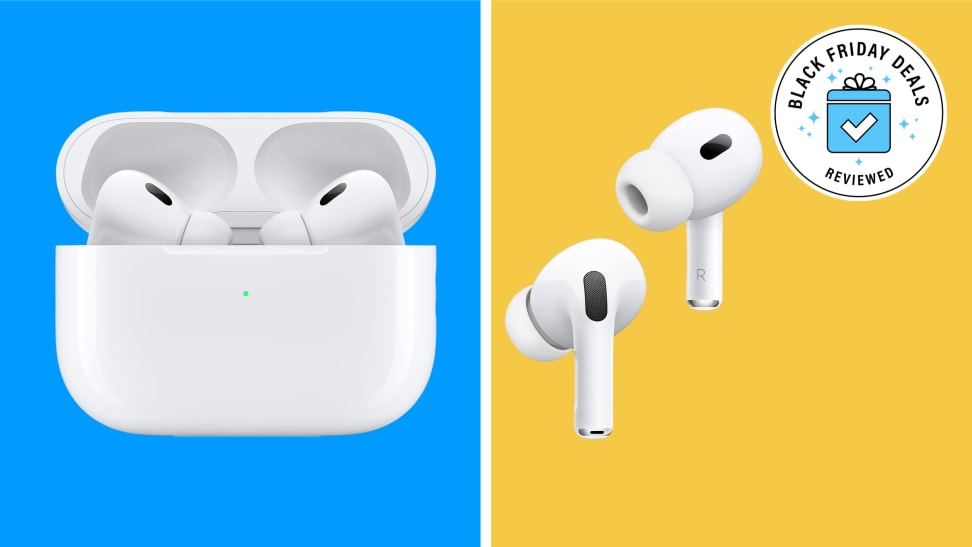Two sets of Apple AirPods Pro with the Black Friday Deals Reviewed badge in front of colored background.
