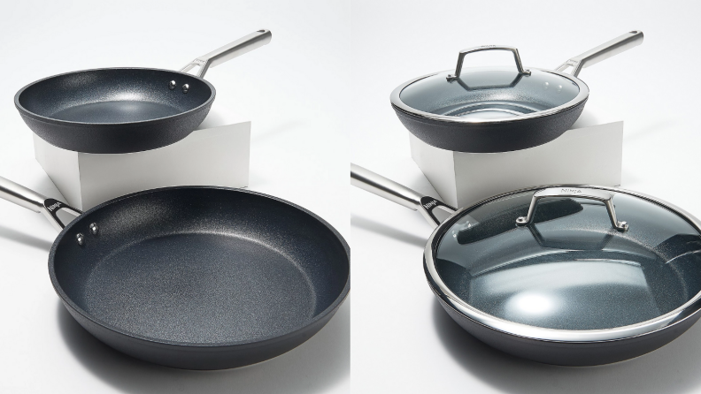 Two images of the same set of black nonstick pans. One image has the pans without the lid, and the other has the pans with the clear glass cover on top.