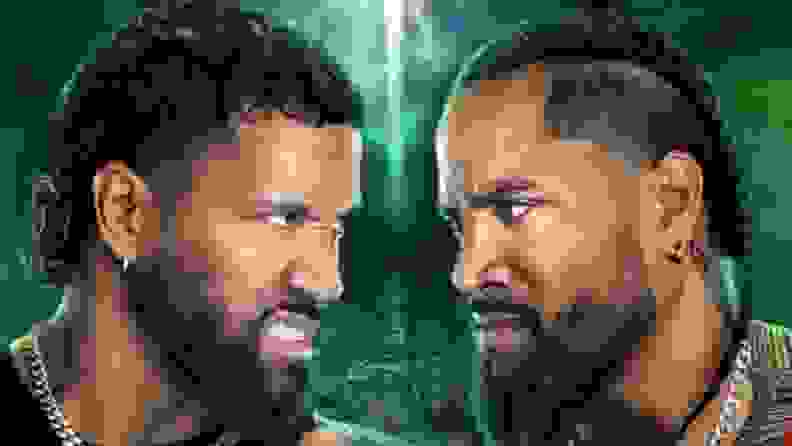 WWE superstars Jey Uso, left, and Jimmy Uso in front of a colored background.
