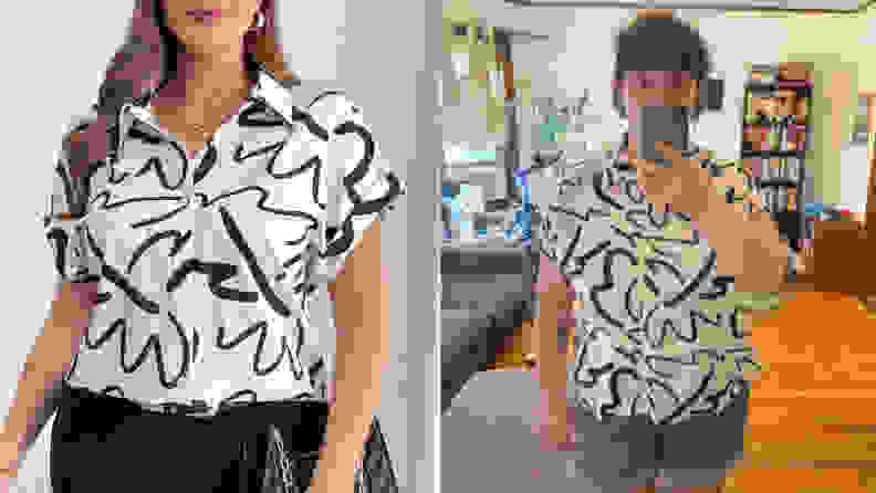 model wearing a shirt and then our tester wearing the same shirt
