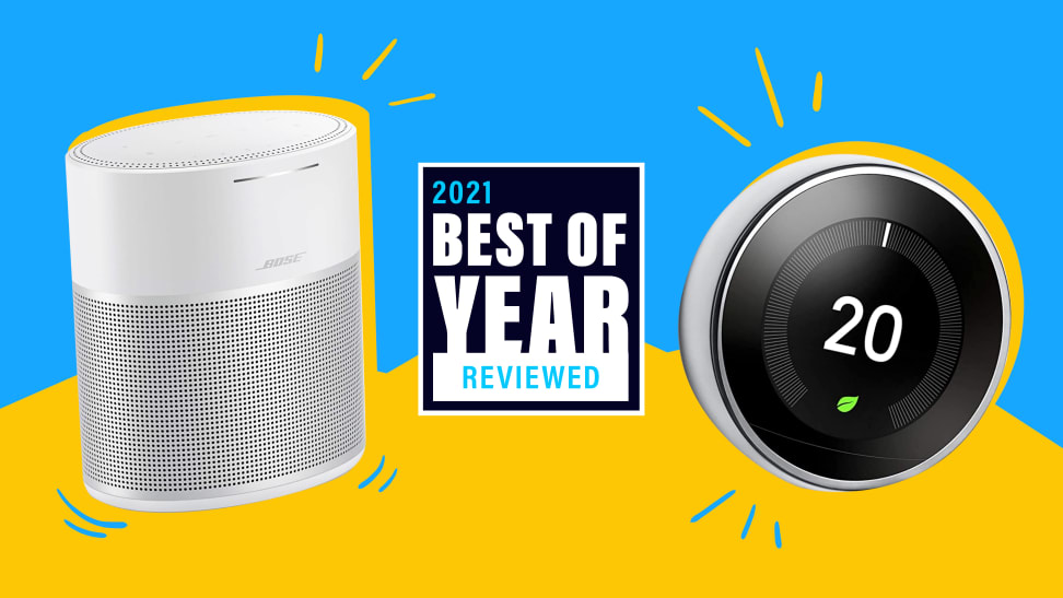 A Bose smart speaker sits next to a Nest thermostat against a bright yellow and blue background.