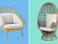 A West Elm Paradise Outdoor Lounge Chair and Home Depot StyleWell Brown Wicker Outdoor Swivel Patio Egg Lounge Chair two chairs that are available on the best places to buy outdoor chairs.