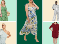 Collage image of women wearing a green tiered dress, a blue floral-print midi dress, a silver sequined jumpsuit, a one-shoulder sage green dress, and a burgundy jacket dress.