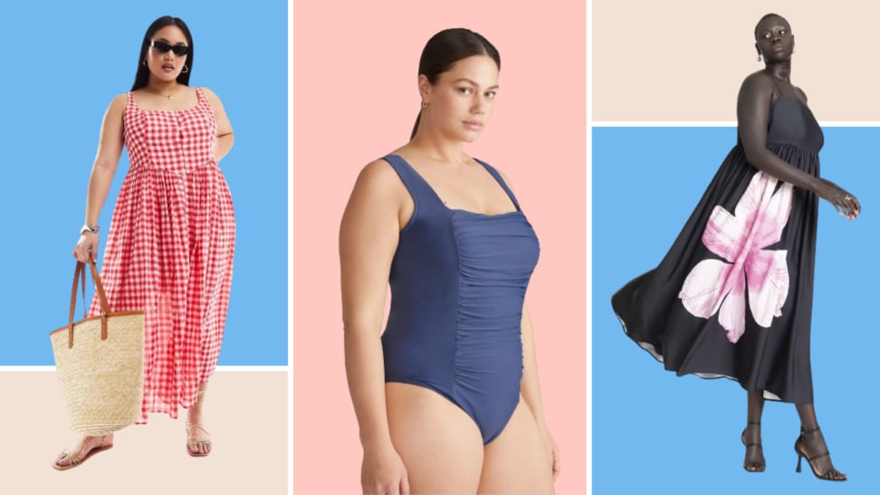 Collage of plus-size outfits: a red gingham dress, a blue one-piece bathing suit, and a black dress with a pink flower on it.